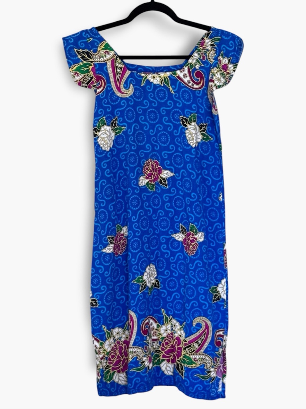 Vintage Handmade Batik Floral Dress Blue Pink White Boho Cottagecore Sz XS-S